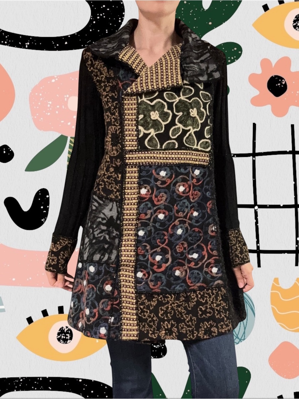 Sioni | Knit Mixed Floral Pattern Patchwork Longline Sweater Coat